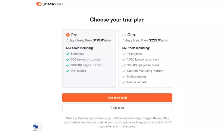 Choose your semrush 7 days free trial plan