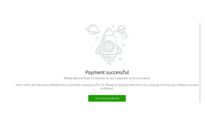 Payment successful for semrush free trial