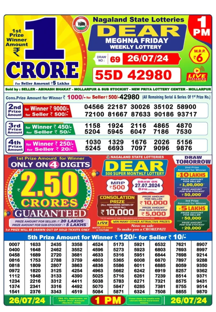 Dear lottery result online Morning today 1pm